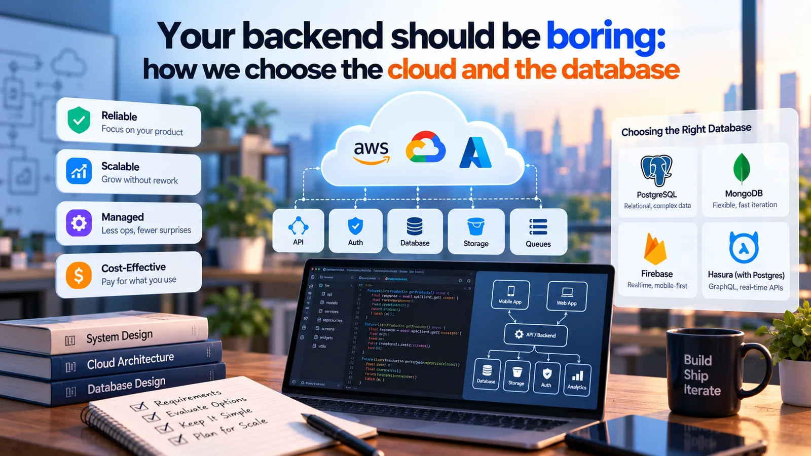 Cloud providers feeding a simple API, auth, database, storage and queue layout, with database options alongside