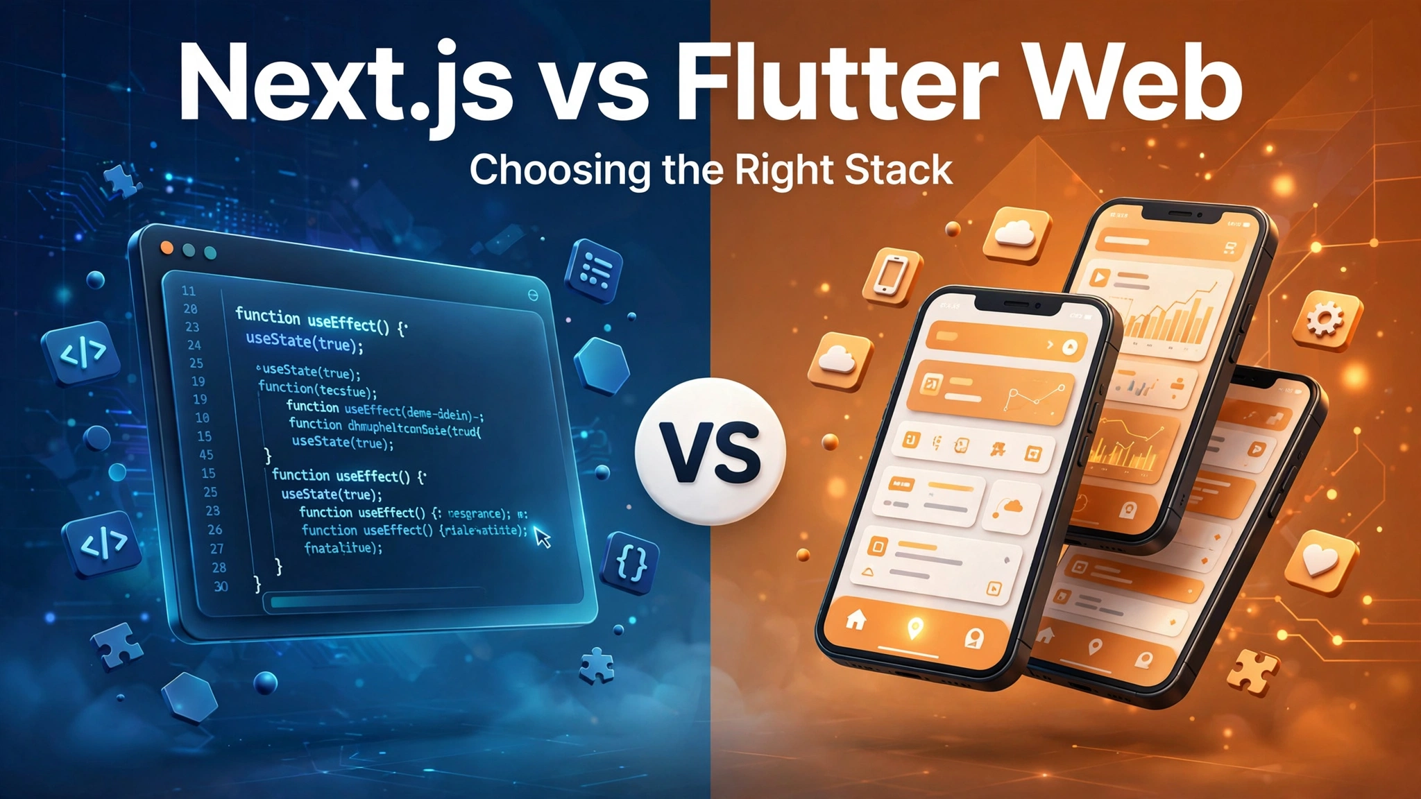 Split vector illustration comparing Next.js and Flutter Web for building web apps, with a browser window on the blue side and phone screens on the orange side, and a VS badge in the center.