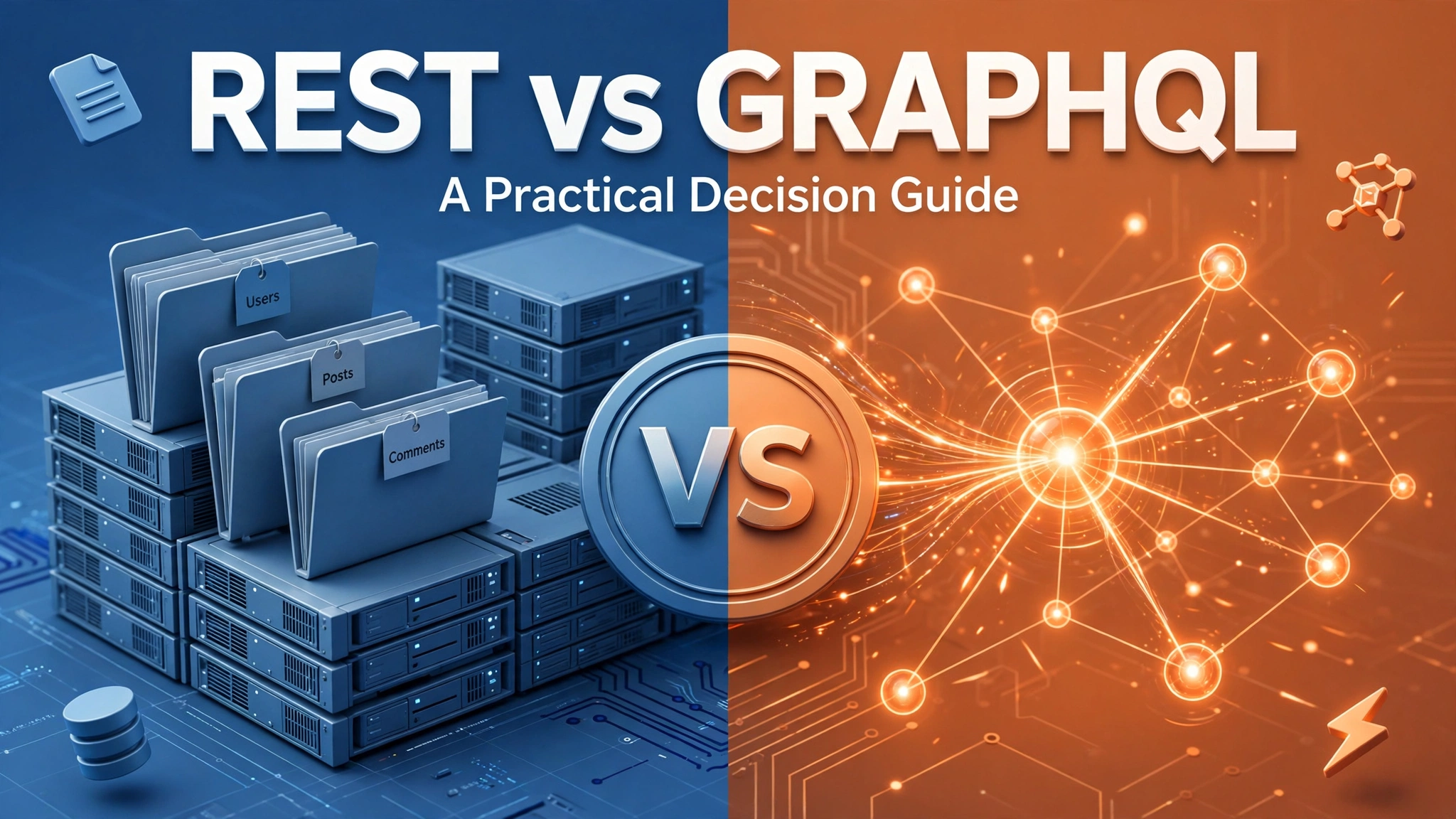 3D illustration split between a blue REST side and an orange GraphQL side with a central VS badge