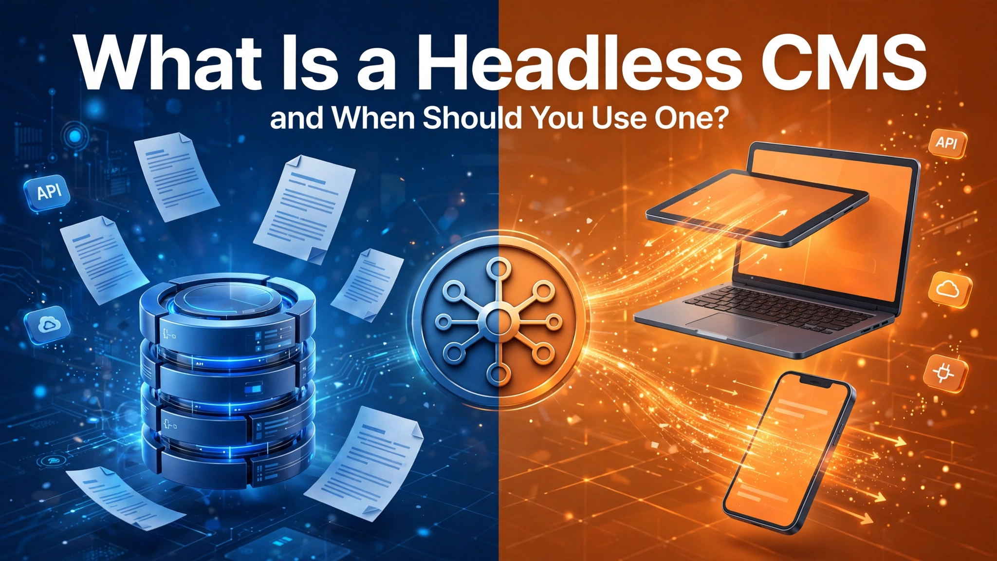 Split illustration of a headless CMS, with an editor writing content into a tidy storage shelf on the blue side and the same content appearing on a phone, a laptop and a shop screen on the orange side.