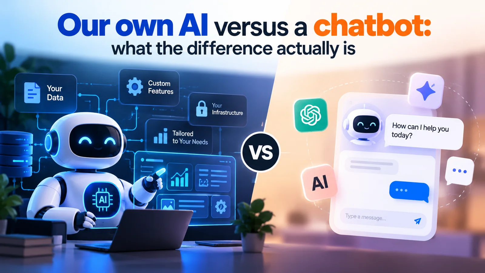 A custom AI assistant wired to company data on one side, a generic chatbot window on the other