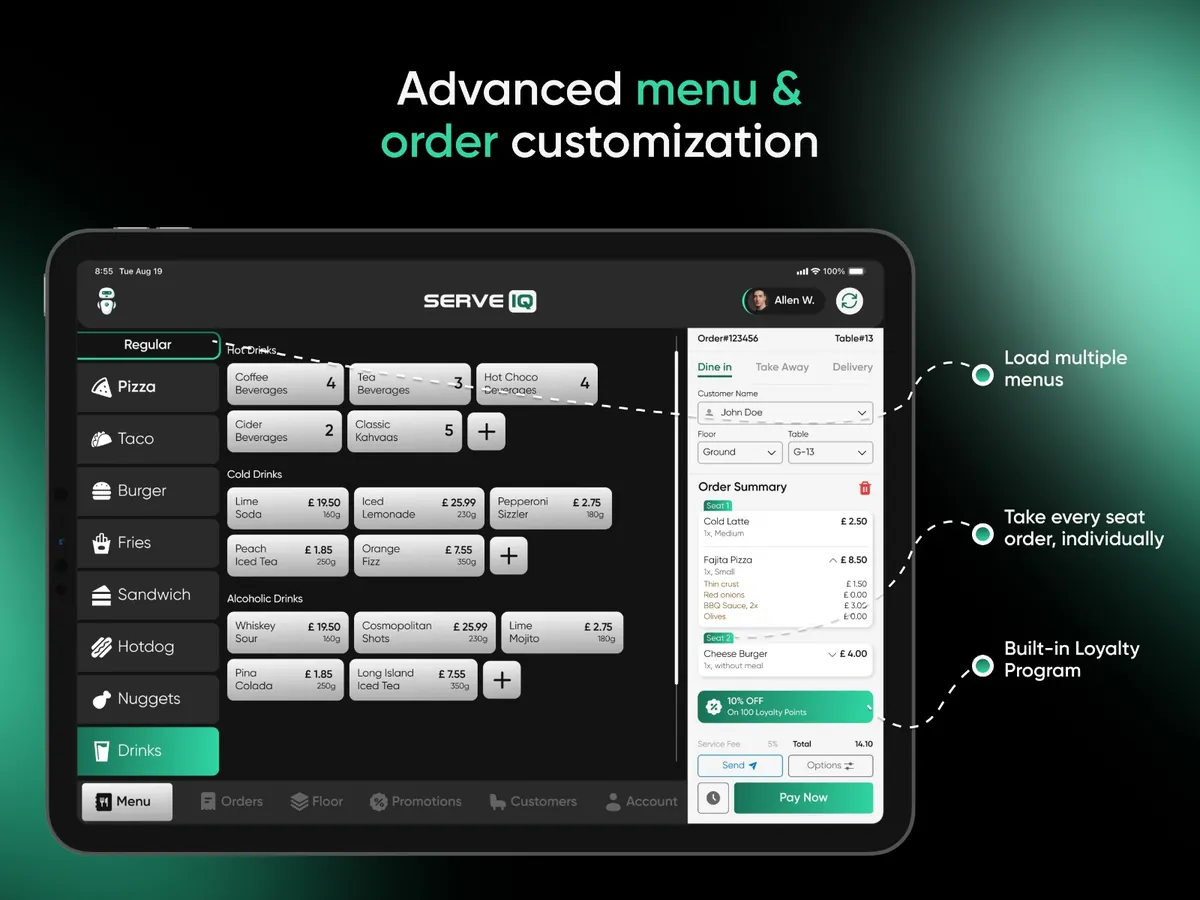Tablet till with multiple menus, seat-by-seat orders and a loyalty discount