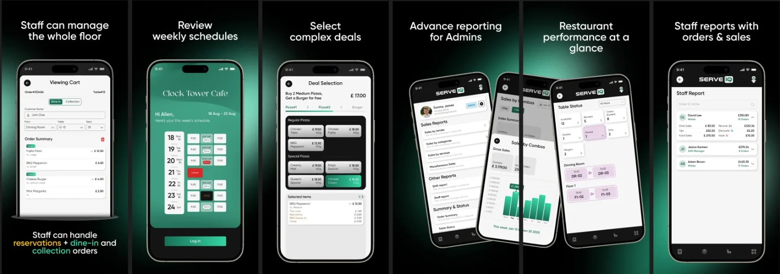 Staff app: floor, schedules, deals, admin reports, table status and staff sales