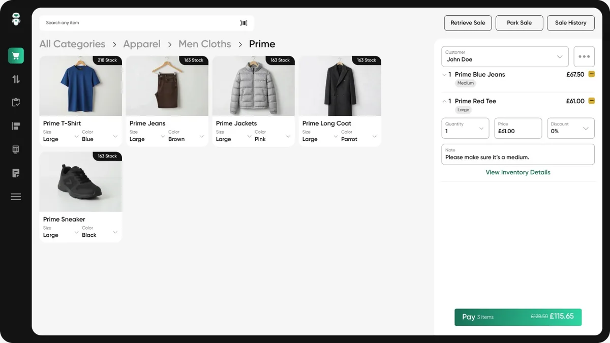 Retail POS with categories, sizes, colours, live stock and a parked-sale cart