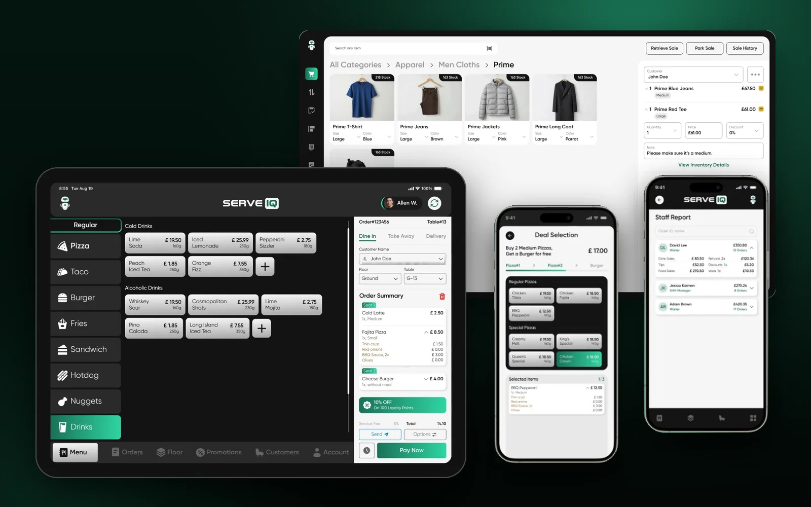 ServeIQ tablet till and retail POS with the staff app on two phones